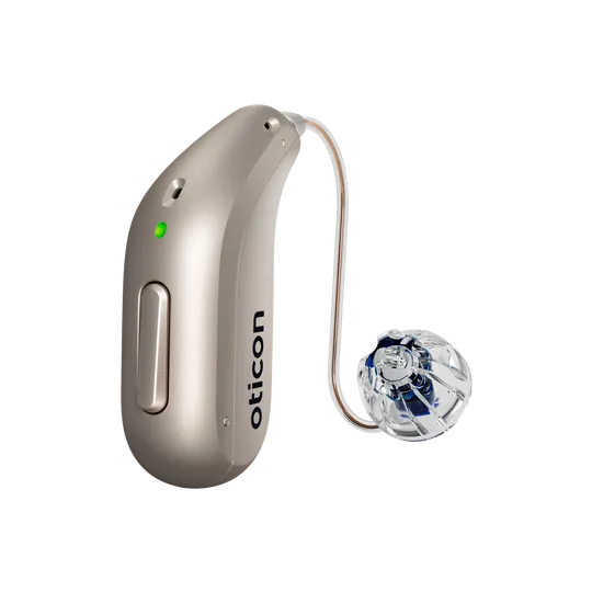 Marcas Oticon_Intent_miniRITE_H1-2024_Left_C090ChromaBeige_LEDgreen_Speaker60_OpenBassDome_1200x1200px_Original file